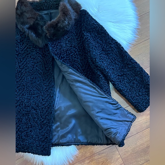 Vintage Black Curly Lamb Coat With Mink Fur Collar - Picture 2 of 15